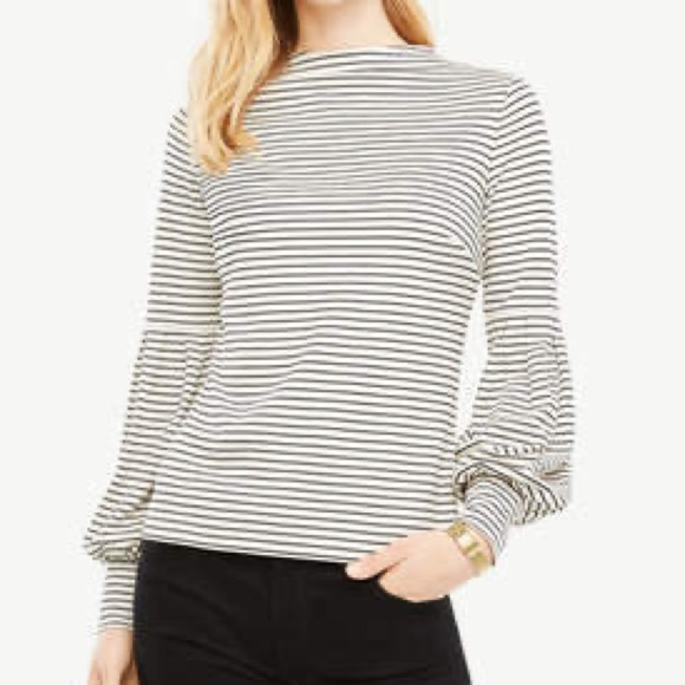 Ann Taylor Striped Mock Neck Lantern Sleeve Top Size S